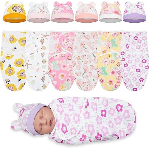 Ramede 6-Pack Preemie Baby Swaddle Blankets with Hats, Breathable 100% Cotton Baby Swaddles, Suitable for Preemie Babies and Newborns, Soft Cotton, Adjustable(Flower,Colorful)