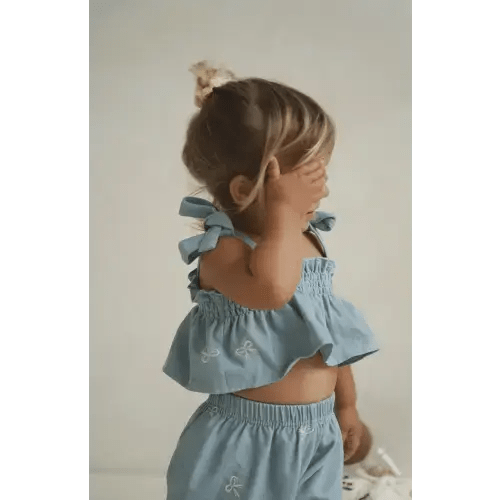 DENIM BOW TIE CROP & PANT SET