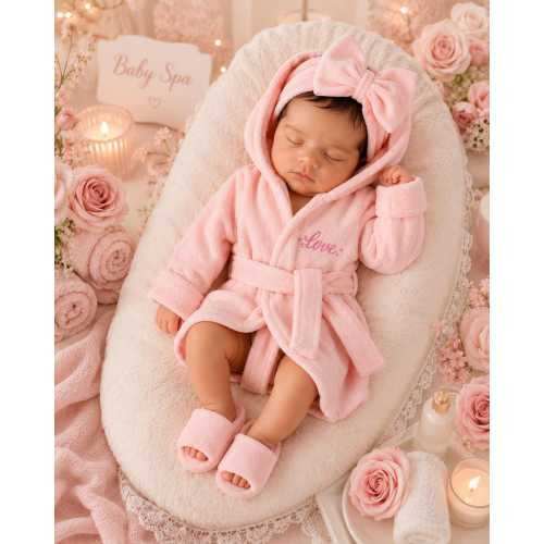 Newborn Baby Girl Spa Robe Set, Embroidered Hooded Bathrobe, Bow Headband, Slippers (Photo Outfit)