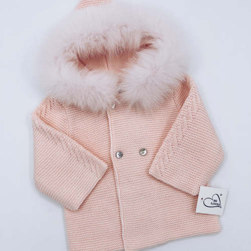 MI LOVES Beautiful Pink Knitted Cardigan with Luxurious fur trim.