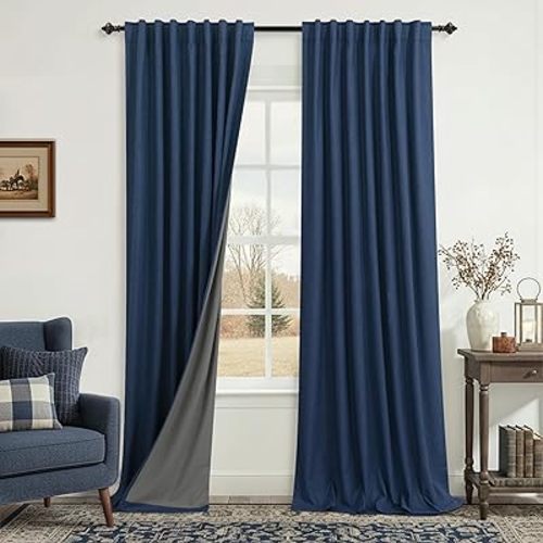 KOUFALL Navy Blue Linen Blackout Curtains 84 Inch Length, Dark Blue Thermal Insulated Summer Moody Curtains for Living Room Boys Bedroom Men, Wide 52x84 Inches Long, 2 Panels Set, Midnight Indigo