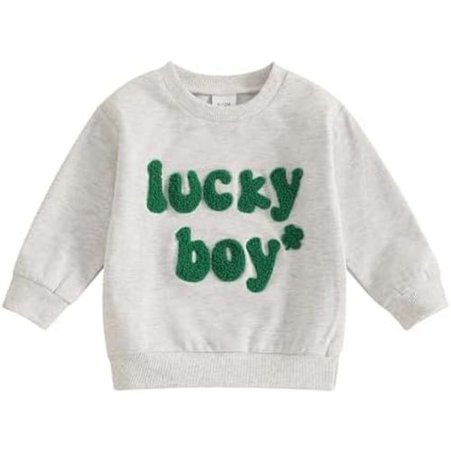 Toddler Baby Boy Girl St Patricks Day Clothes Clover Embroidery Sweatshirt Long Sleeve Crewneck Pullover Shirt Tops