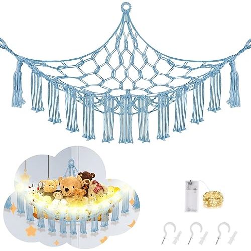 CERETIA Stuffed Animal Hammock Large Corner Plushie Net Storage, Baby Blue