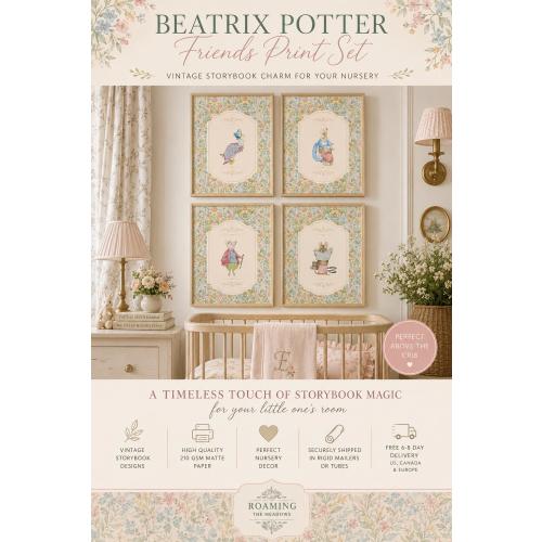 Beatrix Potter Friends Nursery Prints, Vintage Storybook Wall Art, Grandmillennial Style