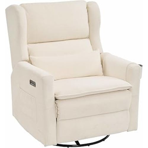 Power Recliner Chair Swivel Glider with Adjustable Headrest,Oversized Swivel Rocker Recliner with Lumbar Support, Upholstered Nursery Glider Recliner for Living Room,White