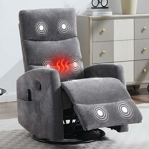 PAPROOS Recliner Chair with Heat and Massage, Fabric 360° Swivel Rocker Recliner, Glider Rocking Chair for Nursery, Manual Recliner with Side Pocket for Adults for Home Theater Living Room, Gray