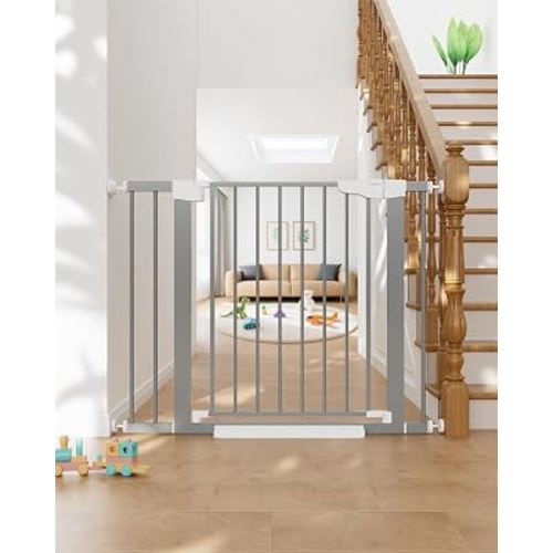 Cumbor 29.7-40.6" Baby Gate for Stairs, Mom's Choice Awards Winner-Dog Gates for Doorways, Pressure Mounted Auto-Close Pet Gates for Dogs Indoor, Safety Child Gate with Easy Walk Thru Door, Gray