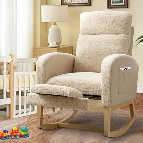 Nursery Rocking Chair with Footrest for Living Room,Modern Nursery Glider Rocker Indoor Baby Room,Comfy Lounge Armchair with Solid Wood Legs Side Pocket High Back Teddy Fabric,Beige