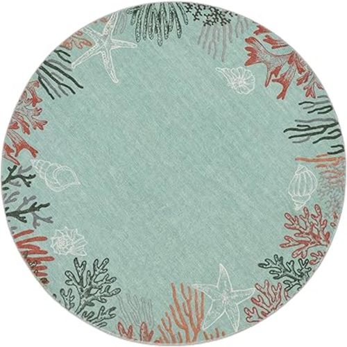 Coastal Coral Ocean Washable Rug Beachy Nautical Vibe (Aqua, 5' Round)