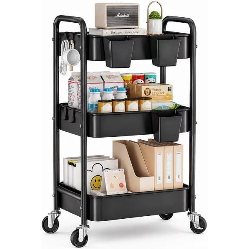 3 Tier Black Heavy Duty Rolling Cart on Wheels, Metal Utility Storage Shelves with Hanging Cup, Three Tiered Craft Carts Organizer, Shelf Cart for Bedside, Kitchen, Art, Snack, Pantry, Laundry Supply