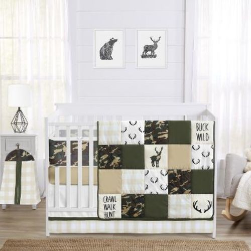 Sweet Jojo Designs Boy Crib Bedding + BreathableBaby Breathable Mesh Liner Baby Nursery Woodland Camo Beige Green and Black