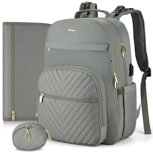 MOMUVO Diaper Bag Backpack, Quilted Baby Bag with Changing Pad & Stroller Straps & Pacifier Case, Multifunction Waterproof Travel Diaper Bags, Unisex, Olive Green