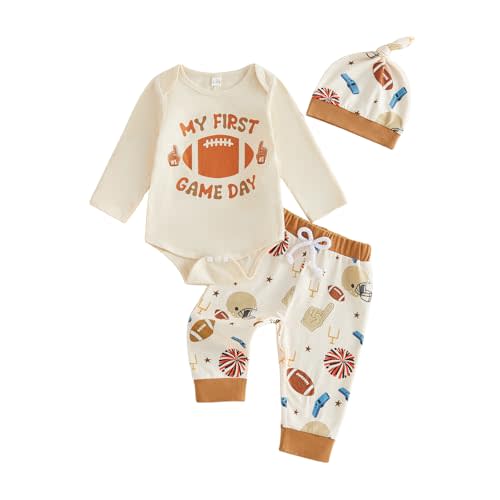 GOOCHEER Fall Baby Boy Clothes Football Outfit Letter Printed Long Sleeve Romper Shirt Tops and Pants Hat 3PCS Set
