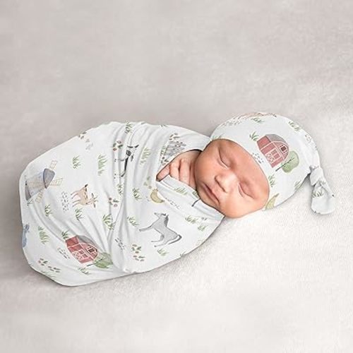 Sweet Jojo Designs Farm Animals Boy Girl Cocoon and Beanie Hat Set Jersey Stretch Knit Sleeping Bag for Infant Newborn Nursery Sleep Wrap Sack - Watercolor Farmhouse Horse Cow Sheep Pig Gender Neutral