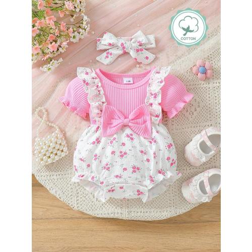 Infant Girls' Cute Ditsy Floral Ruffle Collar Textured Bodysuit With Headband, Summer | SHEIN USA