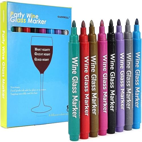 Metallic Wine Glass Markers – Pack of 8 Food-Safe Non-Toxic Wine Glass Marker Pens - Can also be Used on Ceramic Plates and other Glass