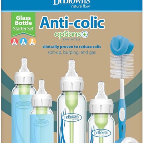 Amazon.com: Dr. Brown's Anti-Colic Options+ Narrow Glass Baby Bottle Starter Set with Level 1, 2, and 3 Nipples, Silicone Sleeves, Soft-Touch Brush, Travel Caps, and HappyPaci, 0m+ (Packaging May Vary)