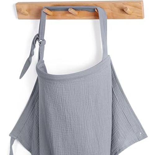 Blissful Diary Muslin Nursing Cover for Breastfeeding, Breathable Breastfeeding Cover up with Arch Neckline for Women, Nursing Apron (Light Grey)