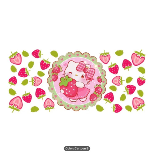 [Sanrio Hello Kitty] Sanrio Hello Kitty Strawberry DTF Transfer Stickers | Self Adhesive Cup Stickers for Glass Bottles, Mugs, Jars | Cute Strawberry Heart Star Pattern, Durable Gloss Effect (Excluding Cups) | Bottle Decoration, Vibrant, Disposable, Straw