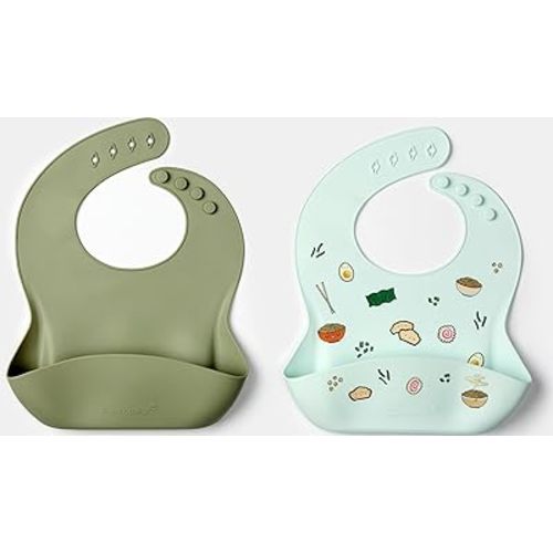 Loulou Lollipop Silicone 2 pack Bib set - Ramen/Sage, waterproof 2 pk for baby, infant, toddler