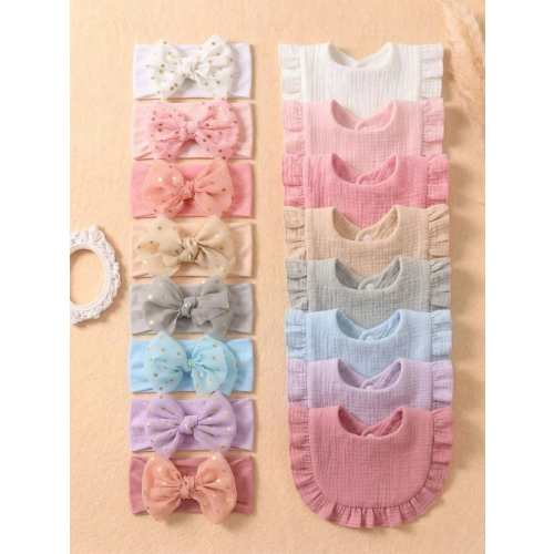 16pcs Newborn Candy Color Ruffled Bibs, Soft Elastic Candy Color Butterfly Headbands, Cute Princess Daily Accessories, Versatile For Everyday Wear