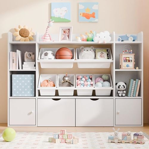 Xilingol Kids Toy Storage Organizer W/6 Removable Toy Bins, 4-Tier Toy Organizers W/6 Storage Cubbies and 2 Movable Drawers, Kid Bookshelf and Toy Storage for Playroom, Bedroom, Kids Room (White)