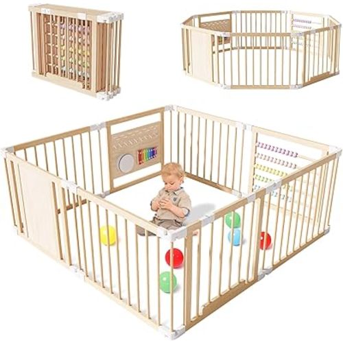 NAIZEA Wooden Playpen, Extra Large for Toddlers and Babies, Foldable Baby Playpen, Baby Fence Play Area with Gate, Kid Play Yard, Adjustable Size & Shape,56”x56”x24”