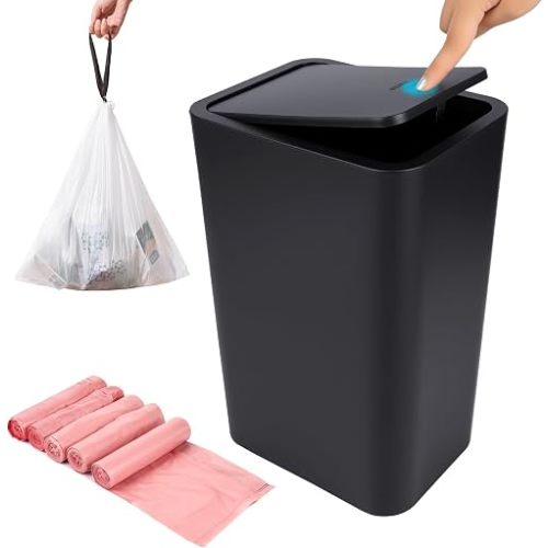 4 Gallon (15L) Slim Dog-Proof Trash Can with Press Pop-Up Lid - Odor-Blocking Small Garbage Can Includes 75 Trash Bags, Space-Saving Design for Bedroom, Kitchen, Bathroom & Office