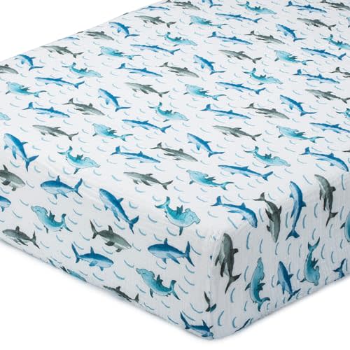 LollyBanks Fitted Crib Sheets for Boys, Soft 100% Cotton Baby Boy Sheet, Fits Standard Size Mattress 28 in x 52 in, Breathable Muslin Crib Sheet 1 Pack (Sharks Print)