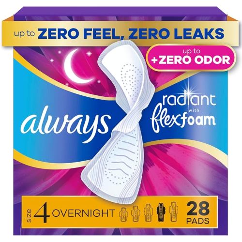 Always Radiant Feminine Pads for Women, Flexfoam Pads with Wings, Size 4, Overnight Absorbency, Lightly Scented, 28 Count