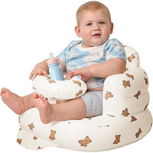 Inflatable Baby Seat with Tray & Back Support, Portable Blow up Baby Chair for 3–36 Months with Built-in Air Pump, Waterproof & Easy to Clean Inflatable Baby Chair (Bear)