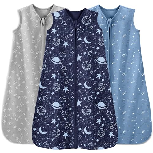 Unnivoll Baby Sleep Sack 0-6 Months 3 Pack 100% Cotton Lightweight 0.5 TOG Wearable Blanket Baby Sleep Bag with 2-Way Zipper for Newborn Infant Blue