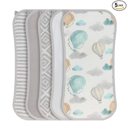 Featherhead 5 Pack Muslin Baby Burp Cloths for Boys & Girls, 22" X 11", Premium Cotton Muslin and Terry Spit up Rags, Super Soft and Absorbent (Green Hot Air Balloons)