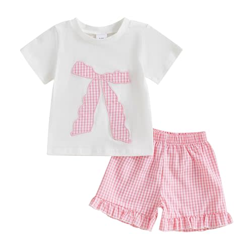 Toddler Baby Girl Short Outfit Bow Embroidery Short Sleeve Cotton T-Shirt Gingham Plaid Shorts 2Pcs Summer Clothes