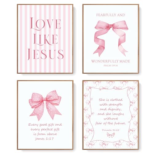 LARTSFRO Coquette Pink Bow Jesus Wall Art Decor Posters, Light Pink Bow Christian Room Bedroom Bathroom Dorm Wall Art Decor Aesthetic for College Teen Girls Gifts, Inspirational Bible Verses Bow Wall Decor, 10x8 Inch Set of 4 Bow Pictures (UNFRAMED)