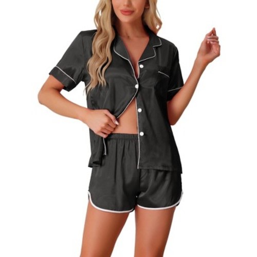 cheibear Women's 2 Pcs Satin Silky Short Sleeve Button Down Loungewear Shorts Pajamas Set X-Large Black