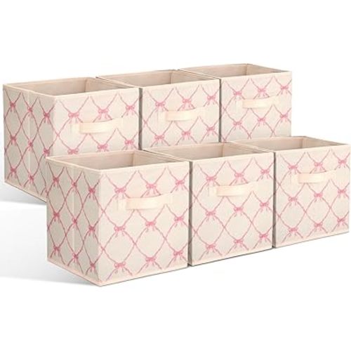 Geelin 6 Pcs Beige Bow Cube Storage Bins 11 Inch Storage Basket with Handle, Preppy Girls Organizer Basket, Collapsible Fabric Box for Classroom Bedrooms Office Home Decoration Gift