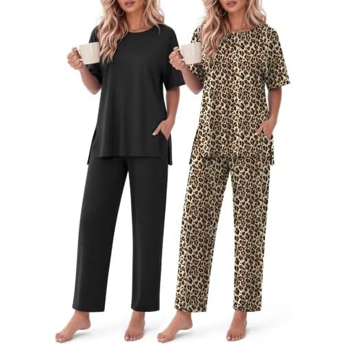 Ekouaer Women's Lounge Sets Short Sleeve Top Long Pants 2 Piece Outfit Set