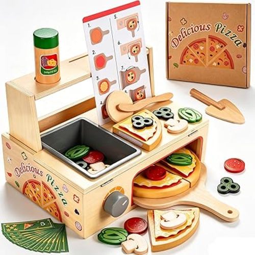 Wooden Pizza Toy, Wooden Pizza Counter Playset with Bake Oven, Montessori Pretend Play Toys, Play Food and Accessories, Cooking Pretend Play Toys for Boys Girls Age 3+