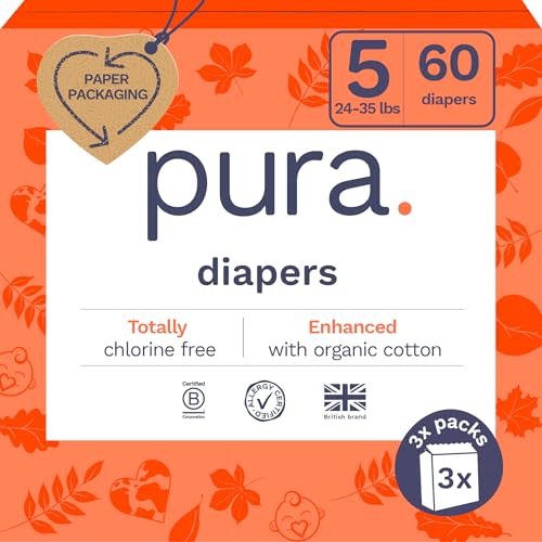 Pura Size 5 Eco-Friendly Diapers (24-35 lbs) Totally Chlorine Free (TCF) Hypoallergenic, Soft Organic Cotton, up to 12 Hours Leak Protection, Allergy UK, 3 Packs of 20 (60 Diapers)