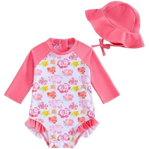 WOLBAY Baby Girl Swimsuit Long Sleeve One Piece Rash Guard with Sun Hat Zipper Bathing Suit Size 0-2T