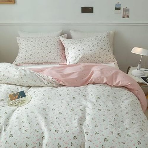 AMWAN Pink Floral Duvet Cover Twin Cotton Girl Garden Bedding Set Vintage Style Aesthetic Comforter Cover, 1 Flowers Botanical Duvet Cover with 2 Pillowcases with Zipper Closure