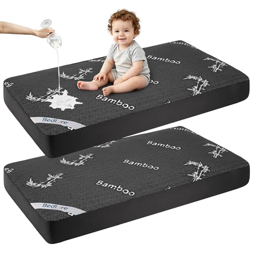 BEDLORE Waterproof Crib Mattress Protector 2 Pack, Ultra Soft Bamboo Viscose Crib Mattress Pad Cover, Noiseless Toddler Mattress Protector for Standard Baby Mattress Size 52''x28'', Dark Gray