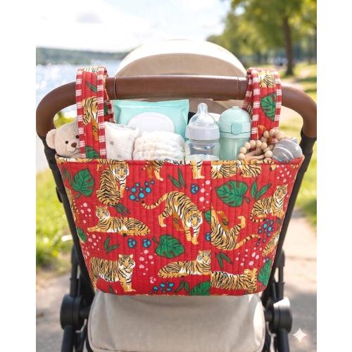 Tiger Print and Leopard Stroller Caddy Organizer, Quilted Diaper Pram Bag, gift for mom