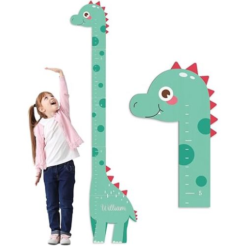 Wooden Dinosaur Height Chart – Personalized Name Growth Chart for Kids, Wall Decor 63" x 17.4"