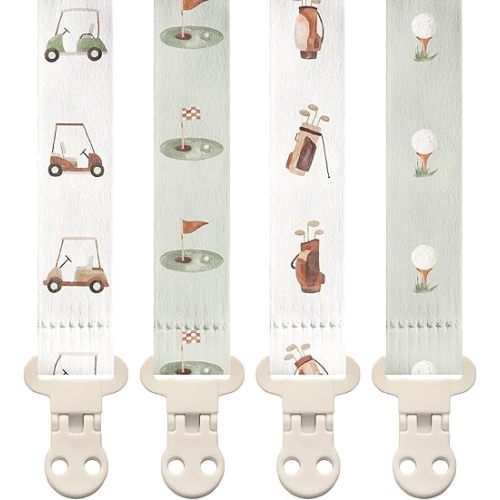 Stadela Baby Pacifier Clip Holder - Girl or Boy Unisex 4 Pack Gift Set – Neutral Modern Golf Theme Green Brown Beige