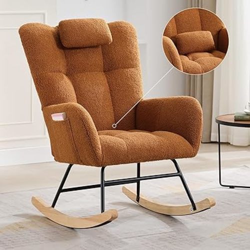 Rocking Chair Nursery Teddy, Upholstered Baby Fluffy Glider Rocker for Adults Small Spaces Indoor, Nursing Chairs for Living Room, Bedroom, Classroom (Brown)