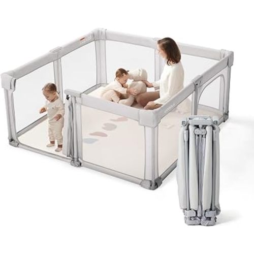 Baby Playpen Portable, Pre-Assembled Play Pen 59x59 Large Foldable Playpen for Babies and Toddlers, Sturdy and Safe Toddler Play Yard Indoor Outdoor with Carry Bag, Grey