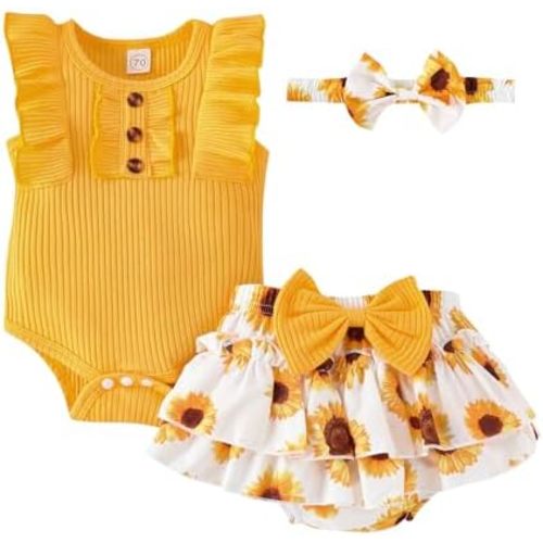 Baby Girl Clothes Newborn Infant Summer Outfits Ruffle Romper and Shorts with Headband Sets for 0-3-6-9-12-18 Months