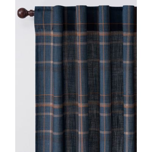 NICETOWN Navy Blue Plaid Curtains for Living Room 84 inches Long 2 Panels | 250GSM Thick Linen Blend Drapes Rod Pocket & Back Tab Top, Light Filtering Privacy Coastal Vintage Panels for Bedroom